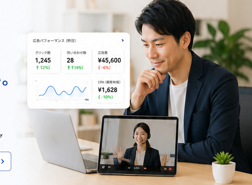 広告ダッシュボードを確認しながらオンライン相談するビジネス担当者